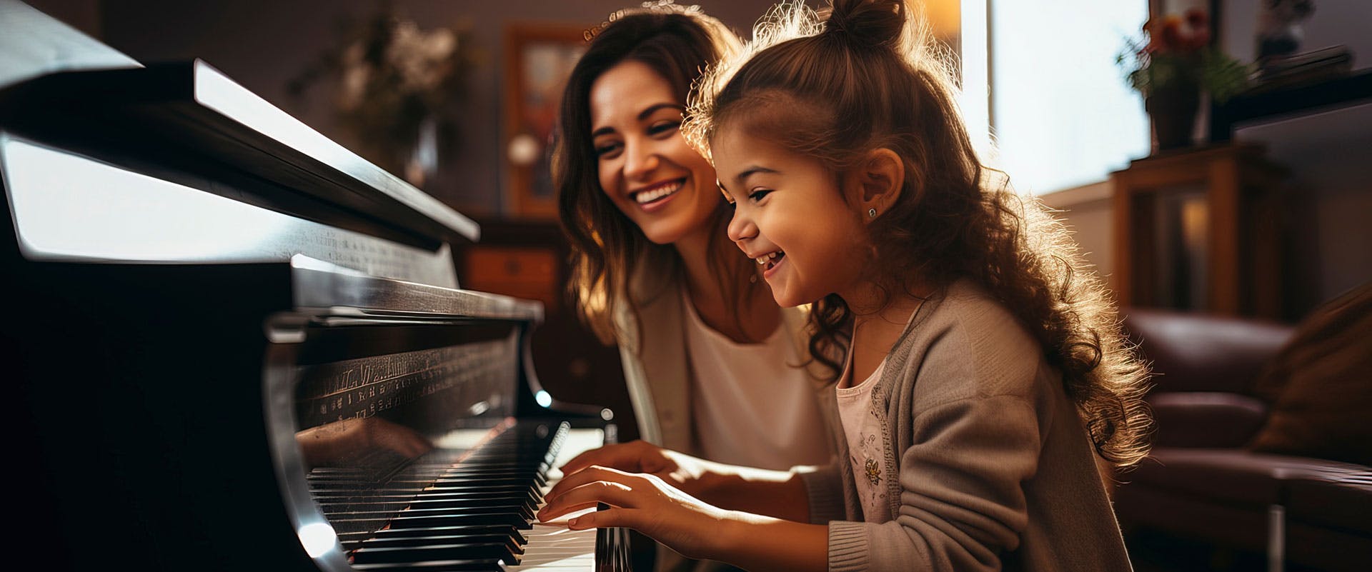 Piano teacher and child, play piano